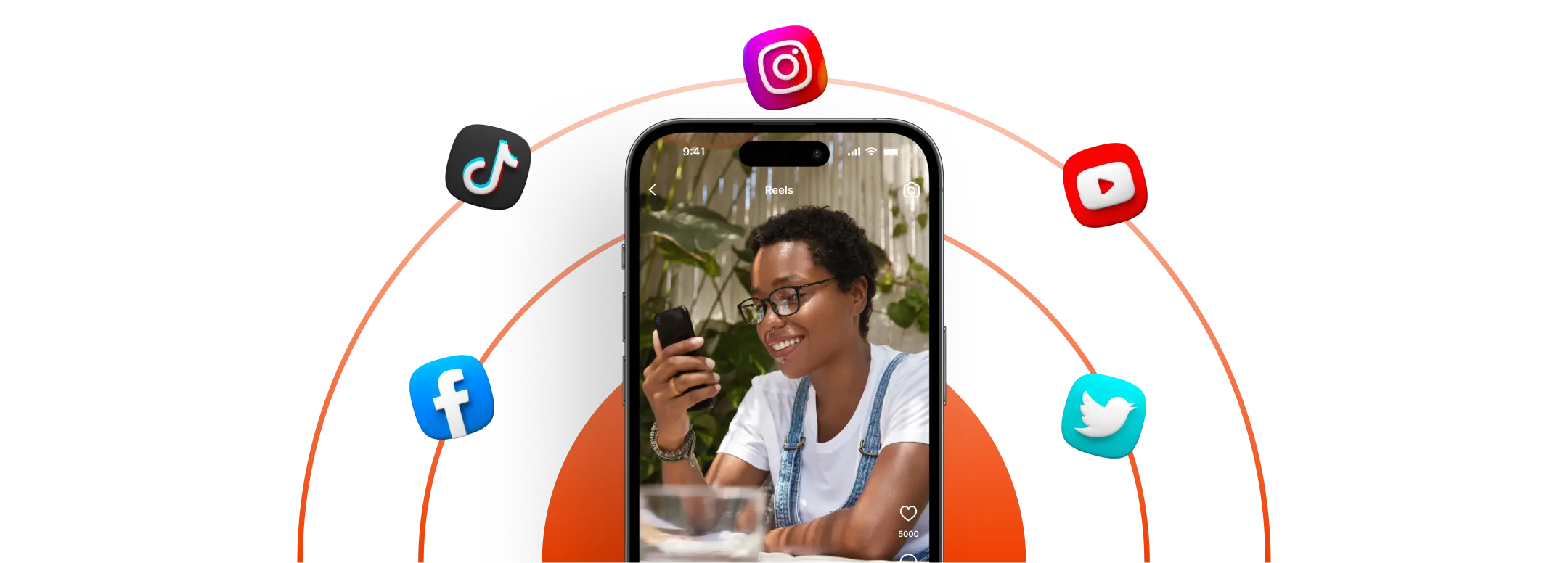 Illustration of social platforms and a person using their phone