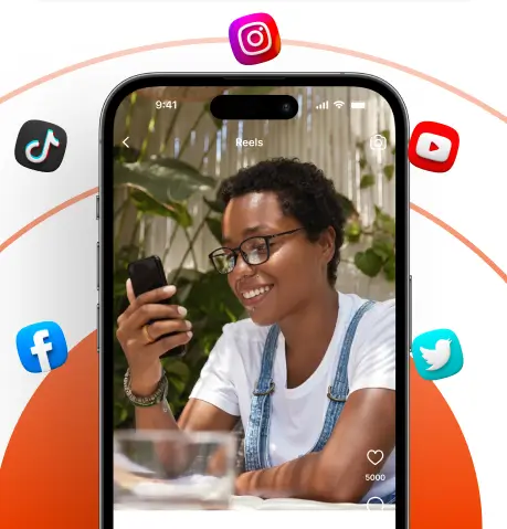 Illustration of social platforms and a person using their phone